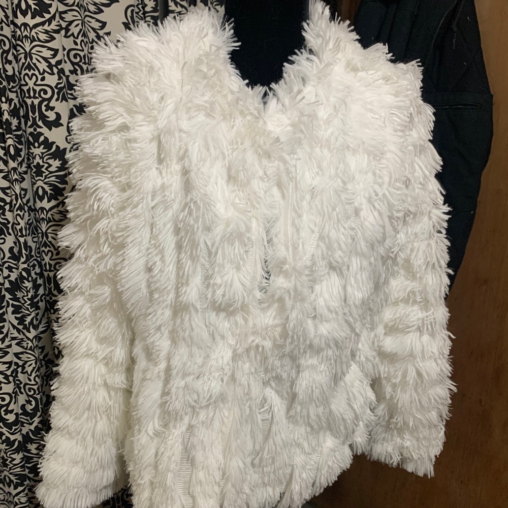 Roaman’s White Faux Fur Clasp Cardigan Sweater